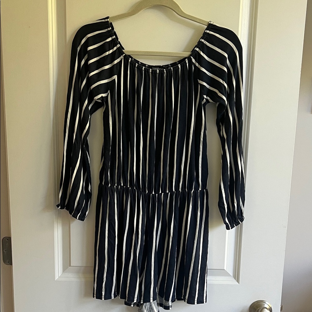 Boohoo Navy Blue and White Striped Romper Size 10